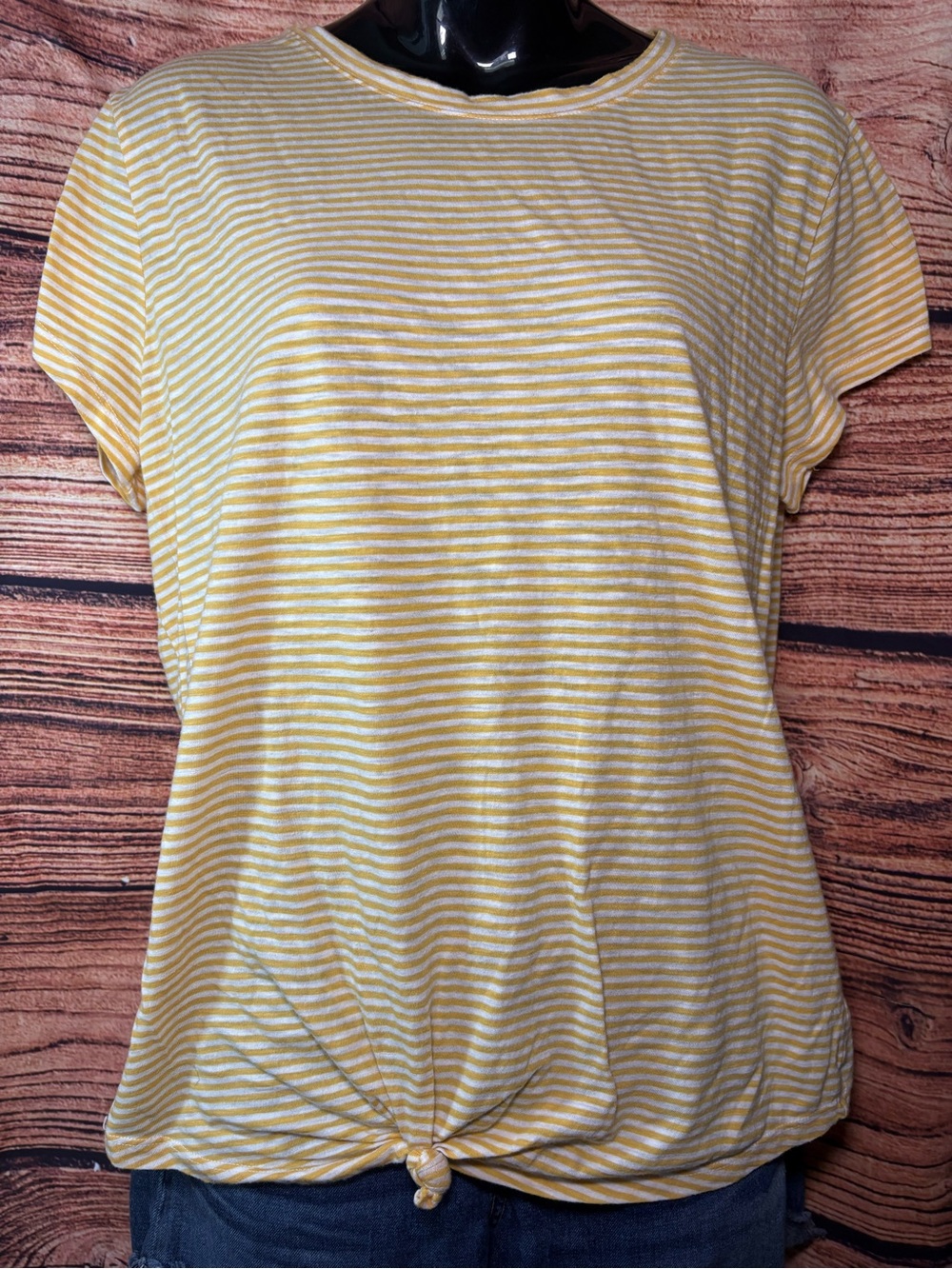 Abercrombie & Fitch Yellow and White Striped Short Sleeve Tee with Front Knot